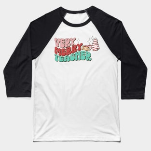 Teacher Christmas Cake Very Merry Groovy Christmas Vibes Baseball T-Shirt